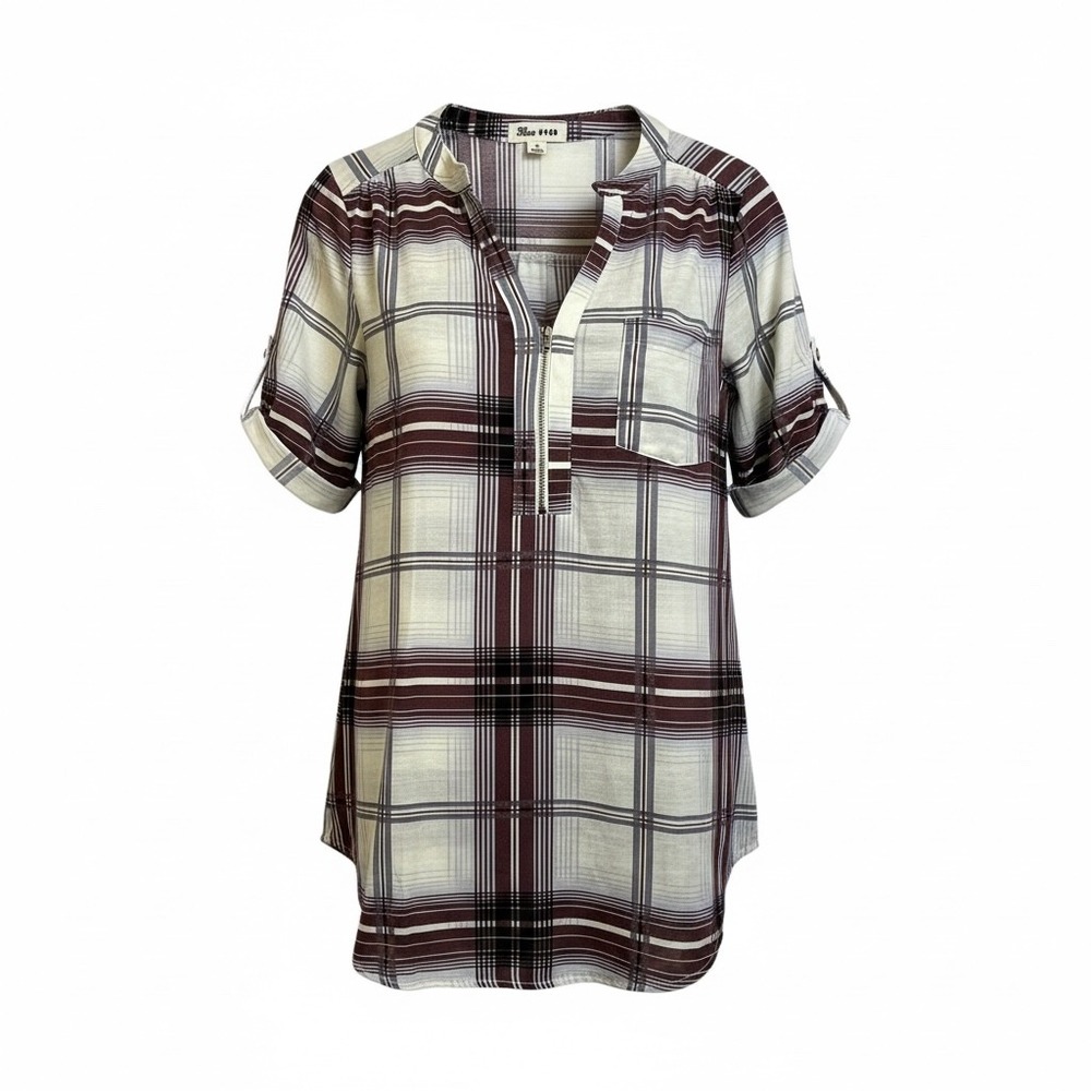 Blue Mood Plaid Tunic Shirt Womens Medium Roll Tab Sleeve Zipper Pocket